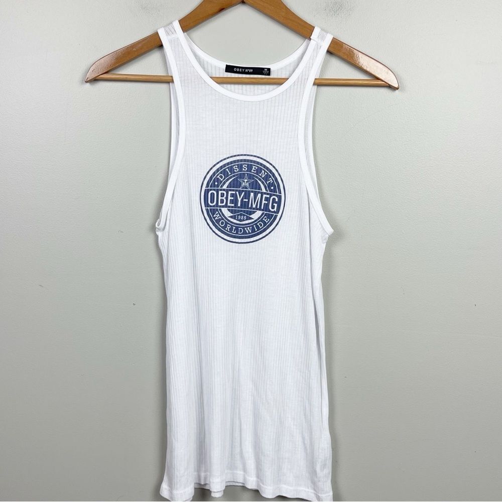 Obey White Ribbed Tank Top with Blue Logo